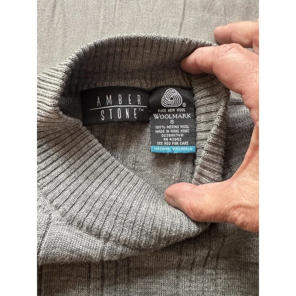 Amber Stone Merino Wool Sweater Women‎ Sz S Gray Ribbed Mock Neck New Wool